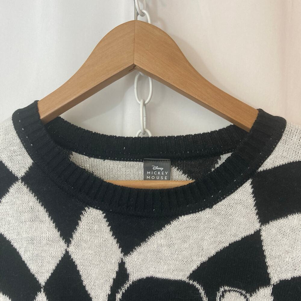 Disney Mickey Mouse Black White Checkerboard Plaid Cotton Knit Sweater Large - Picture 2 of 6